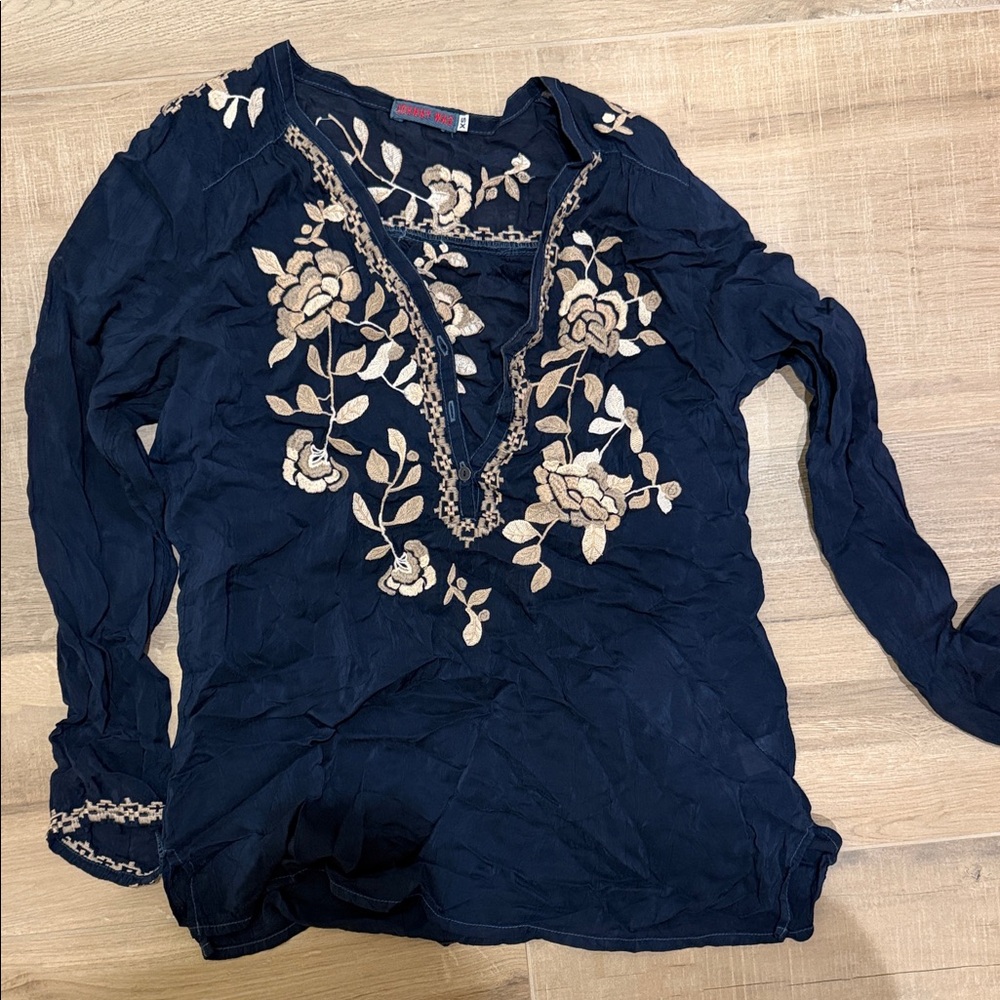 Johnny Was Midnight Blue Floral Embroidered Blouse